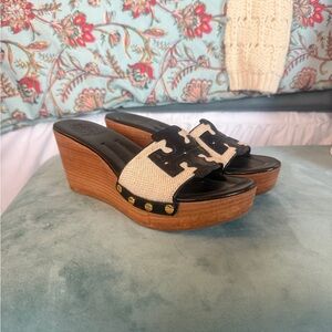 Tory Burch Black and Tan Wedge Sandals